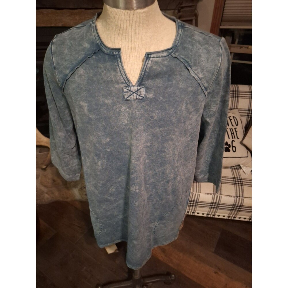 LOGO Lounge 1X Shirt BLUE 3/4 Sleeve V Neck Pullover Stretch Casual Top‎ NEW